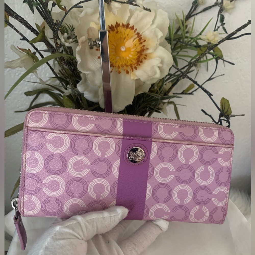 Y2K Coach Long Accordion Signature Lavender and White Wallet